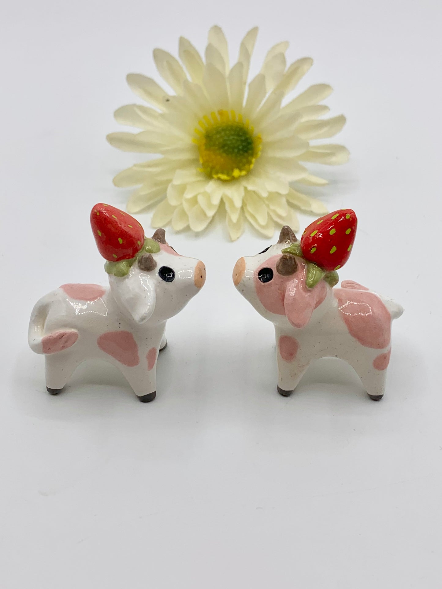 Strawberry Milk Ceramic Cow Figurine