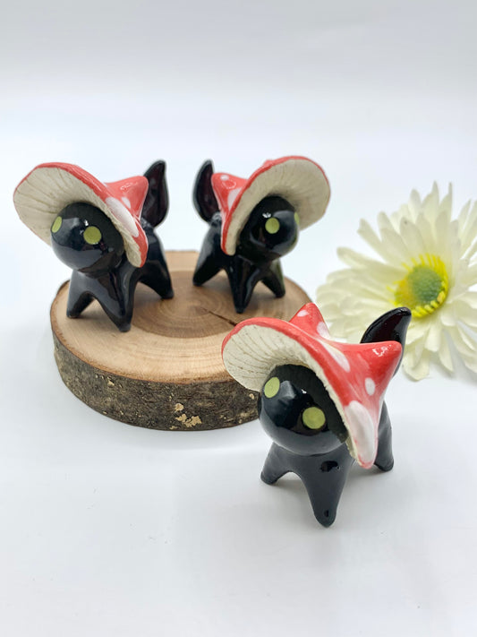 Mushroom Kitty Ceramic Figurine- Black Cat