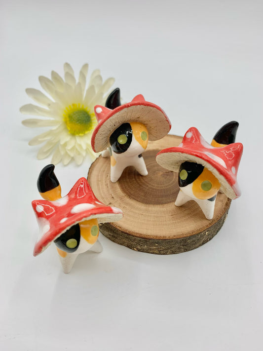 Mushroom Kitty Ceramic Figurine- Calico