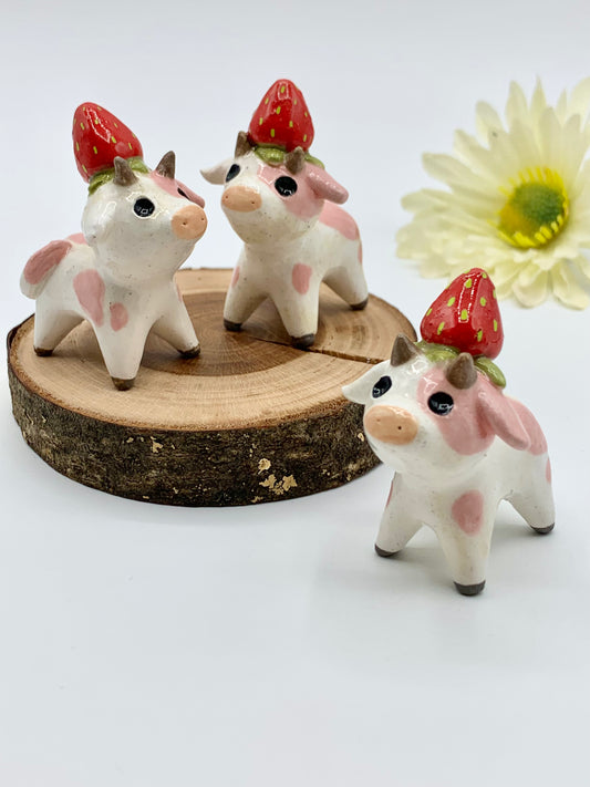 Strawberry Milk Ceramic Cow Figurine